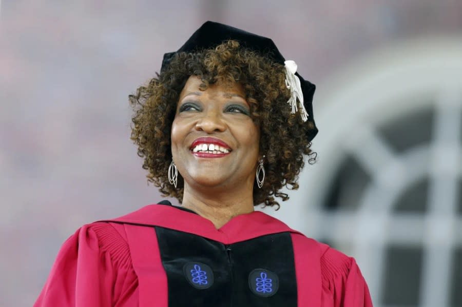 Rita Dove stands on stage during Harvard University commencement exercises, Thursday, May 24, 2018, in Cambridge, Mass. (AP Photo/Michael Dwyer)