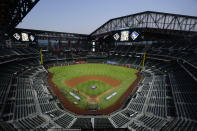 The Tampa Bay Rays practice at Globe Life Field with the roof open as the team prepares for the baseball World Series against the Los Angeles Dodgers, in Arlington, Texas, Wednesday, Oct. 14, 2020. (AP Photo/Eric Gay)