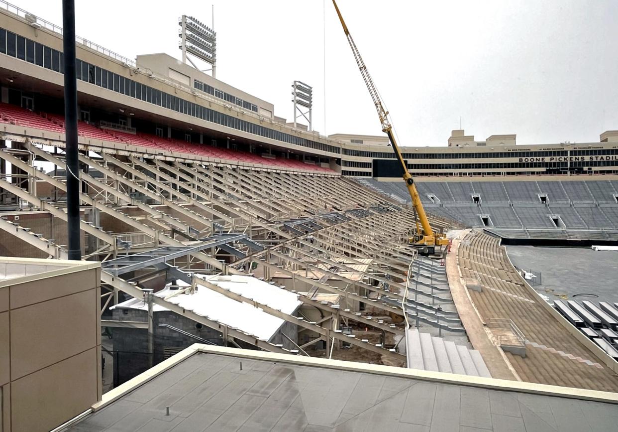 Crews continue construction on Oklahoma State's Boone Pickens Stadium on Thrusday, Feb. 22, 2024, in Stillwater, Okla. Scott Wright/The Oklahoman