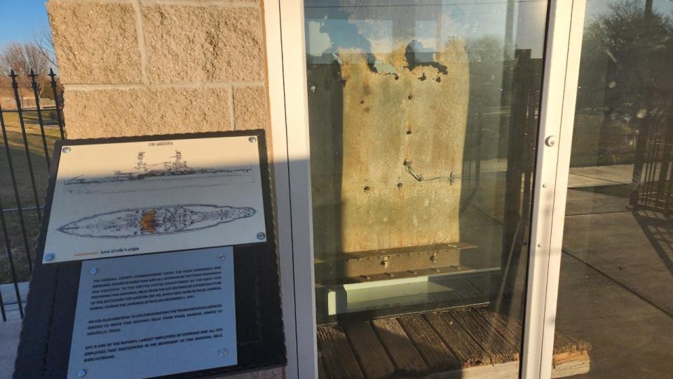 A piece of the USS Arizona hull is on exhibit at the Texas Panhandle War Memorial Center.