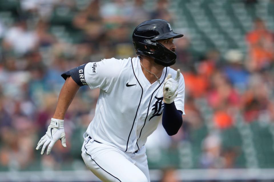 Detroit Tigers' Riley Greene runs out a triple against the Chicago White Sox in the ninth inning Sunday, May 28, 2023, in Detroit.