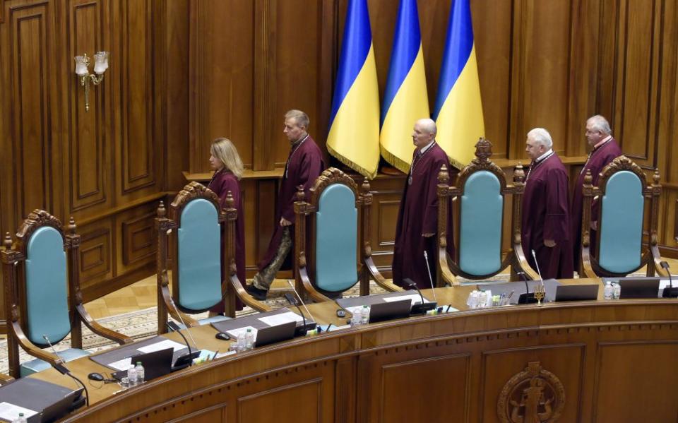 CCU judges attend the swearing-in ceremony of Judge Oleksandr Petryshyn at a special plenary session of the CCU in, Kyiv, Ukraine, in September 2022. (Kaniuka Ruslan/Ukrinform/Future Publishing via Getty Images)