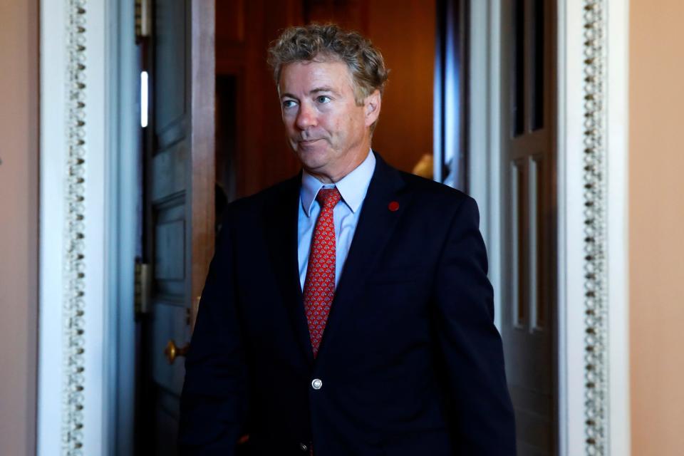 In this Sept. 26, 2018, file photo Sen. Rand Paul leaves a meeting of Senate Republicans with Vice President Mike Pence on Capitol Hill in Washington.