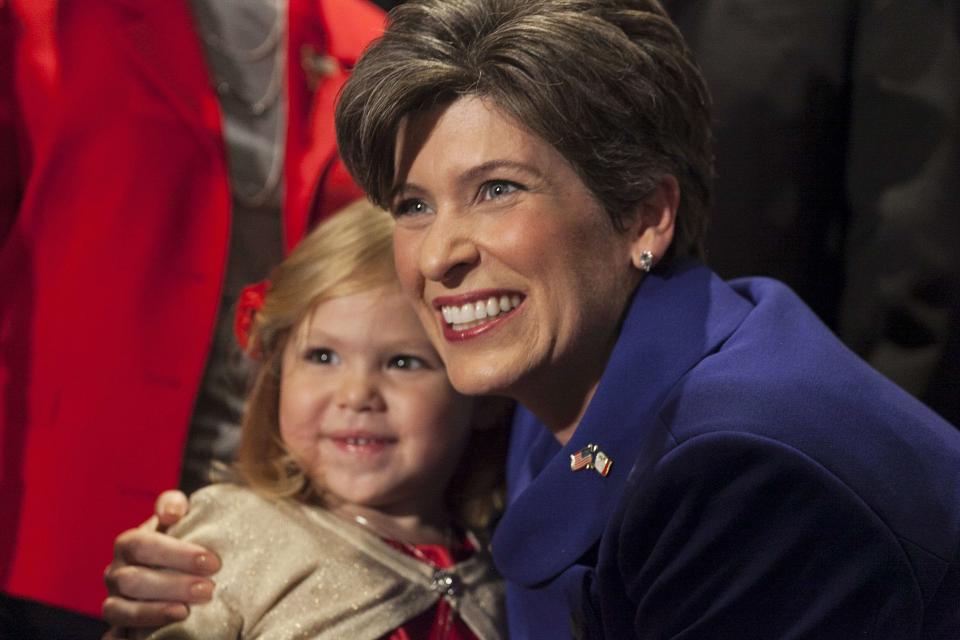 Republican Senator Ernst reacts after the results of the Senate race in the U.S. midterm elections in West Des Moines, Iowa