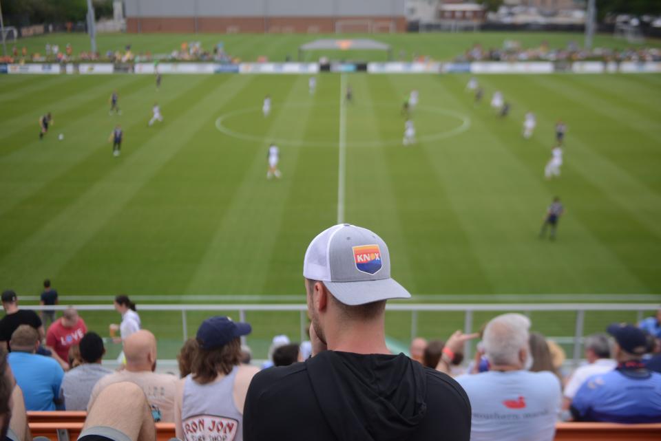 A One Knoxville SC fan watches from the midline. One Knoxville SC played against South Georgia Tormenta FC on April 21, 2023.
