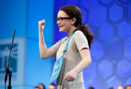 <p>Mandy Granz, 12, from Imlay City, Mich. reacts after correctly spelling her word in the third round of the 90th Scripps National Spelling Bee, Wednesday, May 31, 2017, in Oxon Hill, Md. (AP Photo/Alex Brandon) </p>