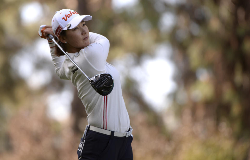 Chella Choi, of South Korea, plays her shot from the 12th tee during the first round of the Kia Classic LPGA golf tournament, Thursday, March 28, 2019, in Carlsbad, Calif. (AP Photo/Orlando Ramirez)