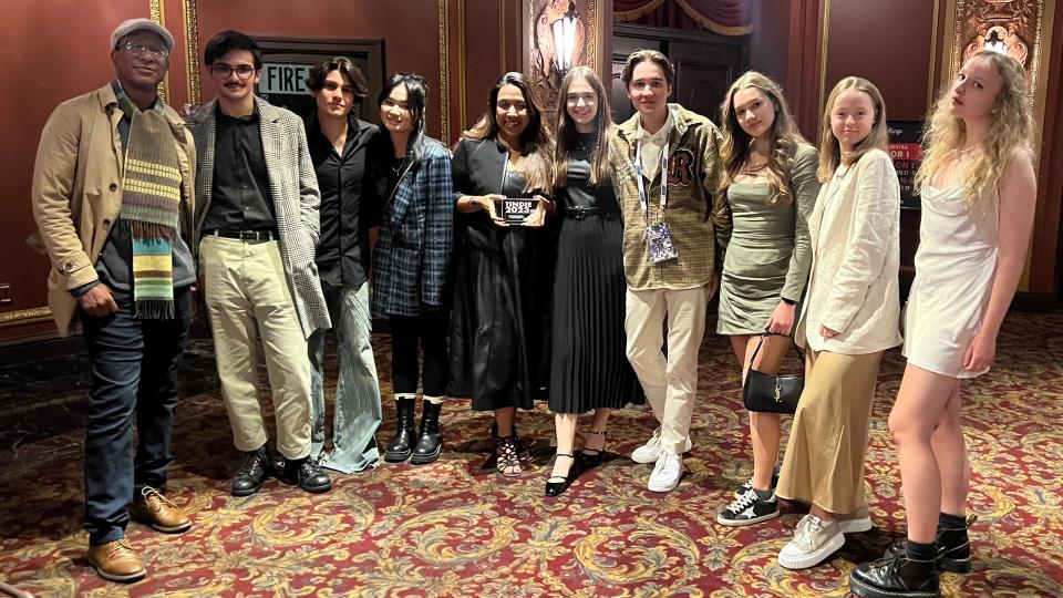 Idyllwild Arts Academy teacher Catalina Alcaraz-Guzman with her film and digital media students on the red carpet of the All American High School Film Festival — where she was lauded as Teacher of the Year — on October 22, 2023 in New York City.