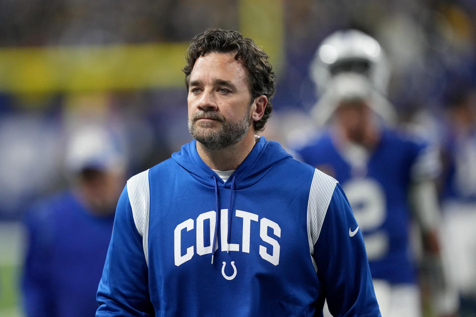 INDIANAPOLIS, INDIANA - NOVEMBER 28: Head coach Jeff Saturday of the Indianapolis Colts walks off the field after being defeated by the Pittsburgh Steelers in the game at Lucas Oil Stadium on November 28, 2022 in Indianapolis, Indiana. (Photo by Dylan Buell/Getty Images)