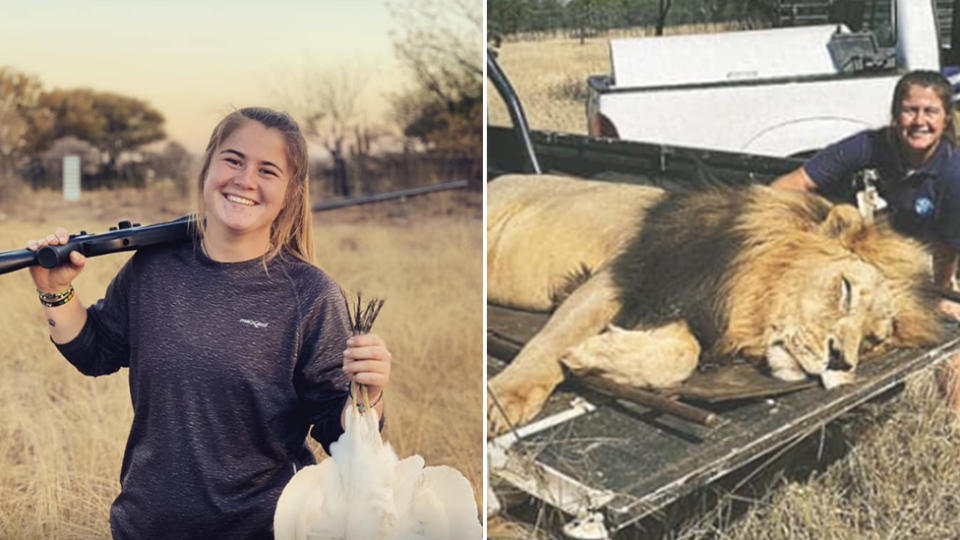 Swane van Wyke, 21, is pictured left holding a gun. She is pictured right next to a dead lion. Source: Swane van Wyke/Facebook