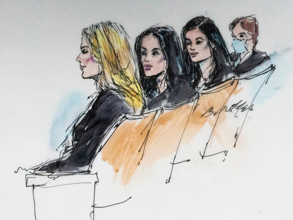 Courtroom artist sketch shows, from left, Khloe Kardashian, Kim Kardashian, Kylie Jenner and Kris Jenner seated at court in Los Angeles on April 19, 2022.