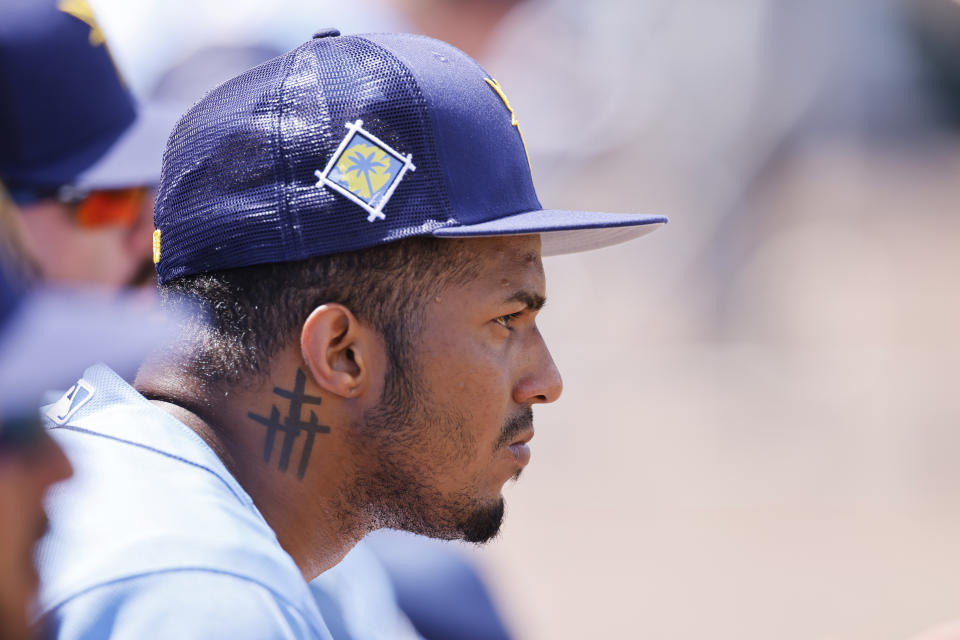 FORT MYERS, FL - MARCH 24: Tampa Bay Rays shortstop Wander Franco (5) looks on during a spring training baseball game against the Minnesota Twins on March 24, 2022 at Hammond Stadium in Fort Myers, Florida. (Photo by Joe Robbins/Icon Sportswire via Getty Images)