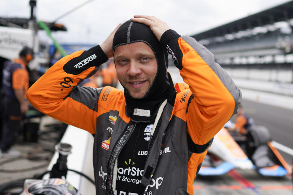 Felix Rosenqvist, of Sweden, prepares to drive during practice for the IndyCar Grand Prix auto race at Indianapolis Motor Speedway, Friday, May 12, 2023, in Indianapolis. (AP Photo/Darron Cummings)