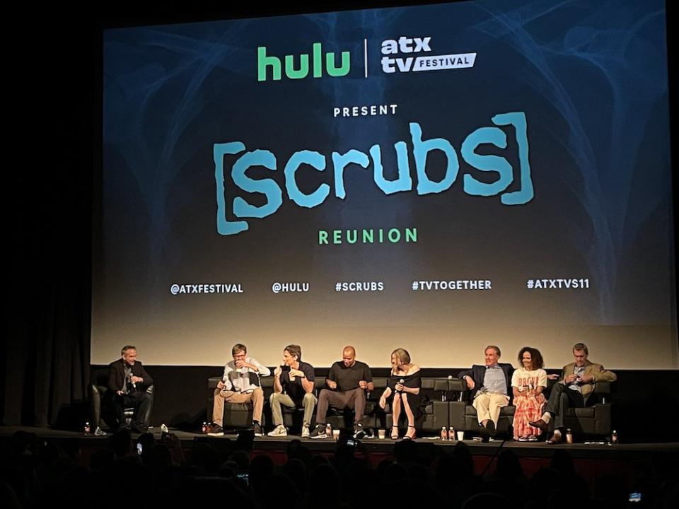 Variety TV editor Michael Schneider moderates the “Scrubs” reunion panel with series creator Bill Lawrence and stars Zach Braff, Donald Faison, Sarah Chalke, John C. McGinley, Judy Reyes and Neil Flynn on June 5 at the ATX festival in Austin, Texas. - Credit: Courtesy Image