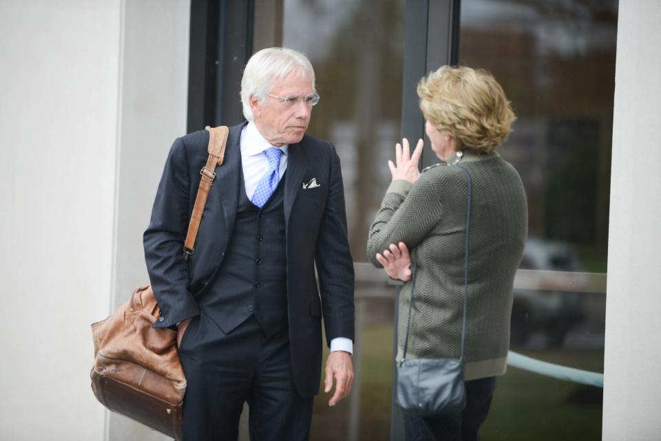 Appellee Counsel Gary Smith speaks with an attendee after recess outside the Tennessee Court of Appeals in Jackson, Tenn., on Tuesday, April 9, 2024.