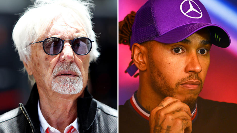 Pictured left to right, former F1 boss Bernie Ecclestone and Mercedes driver Lewis Hamilton.