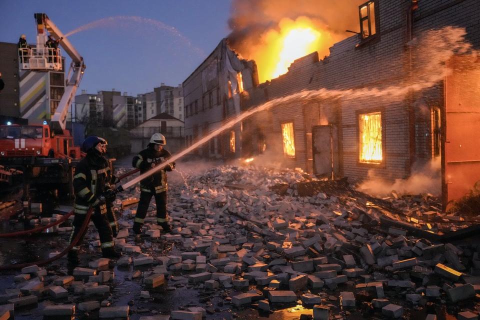 <span class="caption">Factories, stores and warehouses like one in Kyiv have been destroyed by Russian attacks.</span> <span class="attribution"><a class="link " href="https://newsroom.ap.org/detail/RussiaUkraineWar/9c06e10166434a8fa611a810cce8d745/photo?Query=ukraine%20destroyed&mediaType=photo&sortBy=creationdatetime:desc&dateRange=Anytime&totalCount=828&currentItemNo=20" rel="nofollow noopener" target="_blank" data-ylk="slk:AP Photo/Vadim Ghirda;elm:context_link;itc:0;sec:content-canvas">AP Photo/Vadim Ghirda</a></span>