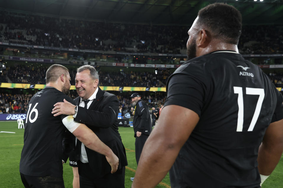 New Zealand All Blacks coach Ian Foster, second left, congratulates players Dane Coles, left, and George Bower after then win over Australia in their Bledisloe Cup rugby test match in Melbourne, Australia, Thursday, Sept 15, 2022. (AP Photo/Asanka Brendon Ratnayake)