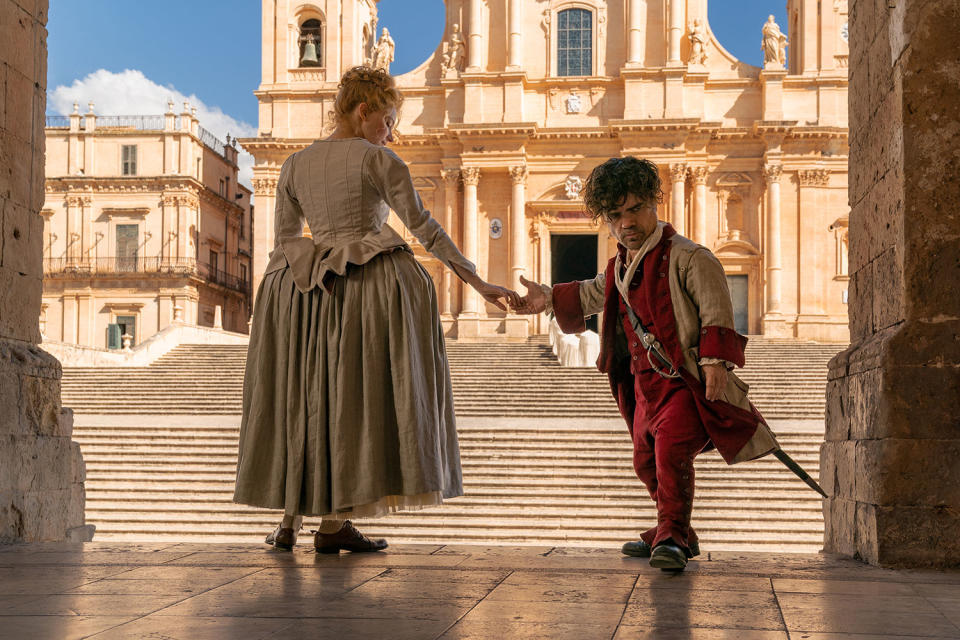 Haley Bennett stars as Roxanne and Peter Dinklage as Cyrano in Joe Wright’s Cyrano (Universal Pictures/MGM)