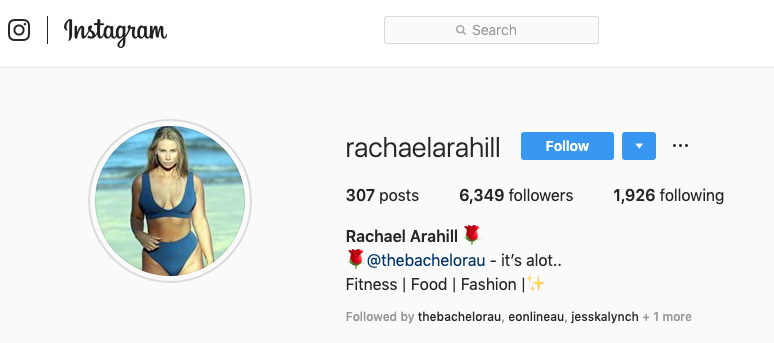 A screenshot of Bachelor contestant Rachael Arahill's Instagram account showing her updated profile photo.