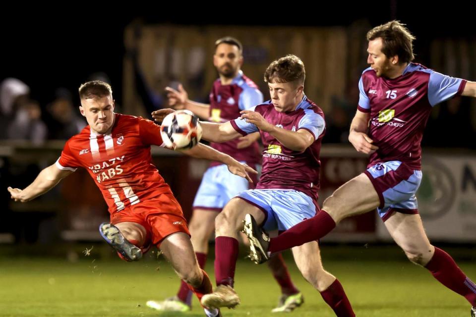 Action from Enniskillen Ranger v Tummery Athletic in the fonaCAB Irish Junior Cup semi-final. <i>(Image: John McVitty)</i>