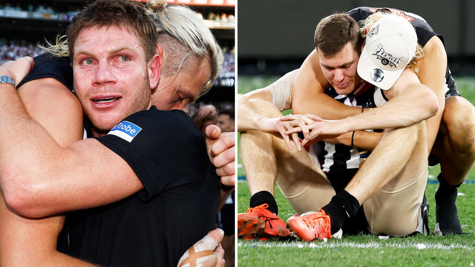 Taylor Adams and Mason Cox, pictured here after the AFL grand final. 