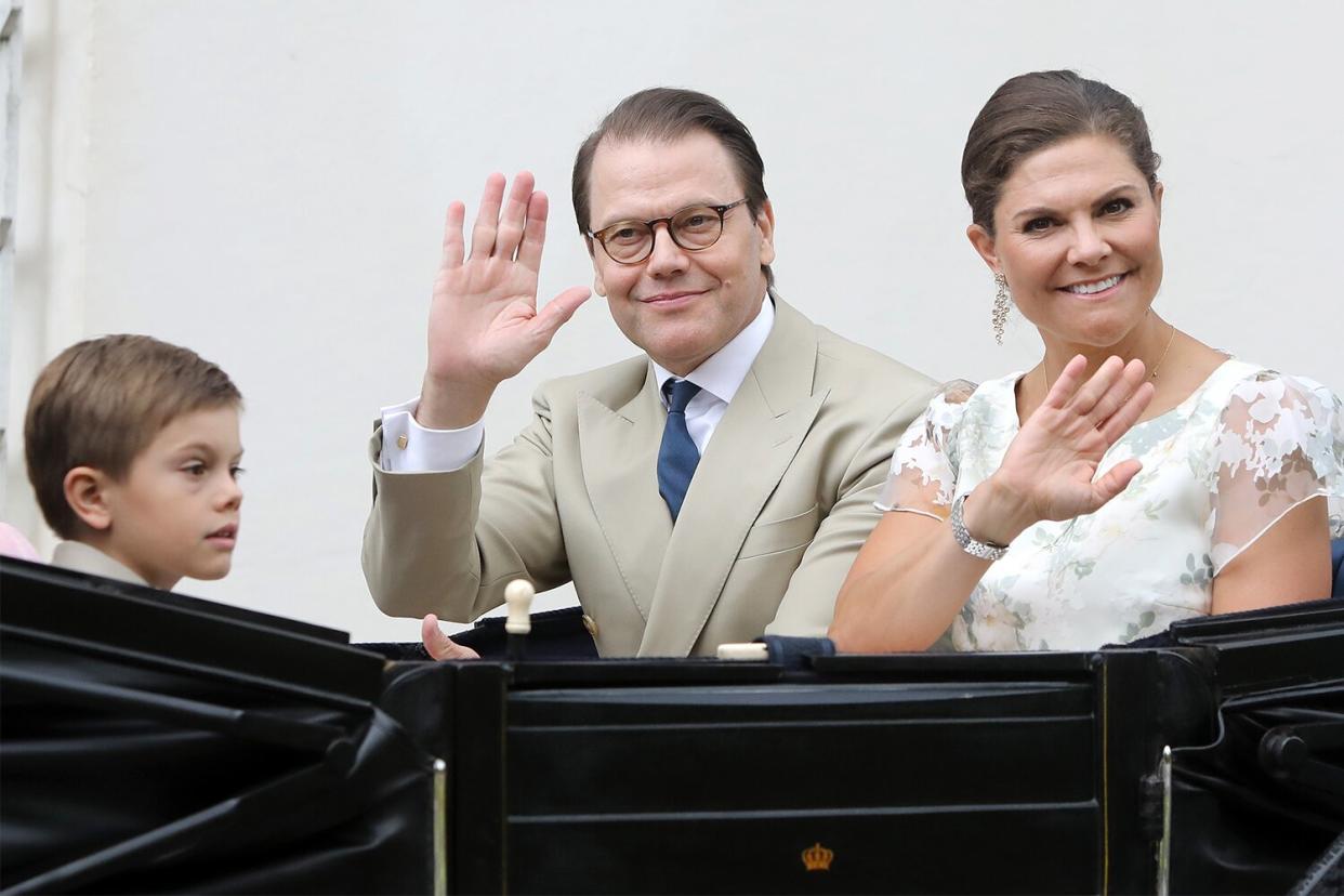 Prince Oscar of Sweden, Prince Daniel of Sweden and Crown Princess Victoria of Sweden leave for a procession through the town in a horse carriage to celebrate Crown Princess Victoria of Sweden's 45th birthday on July 14, 2022 in Oland, Sweden.