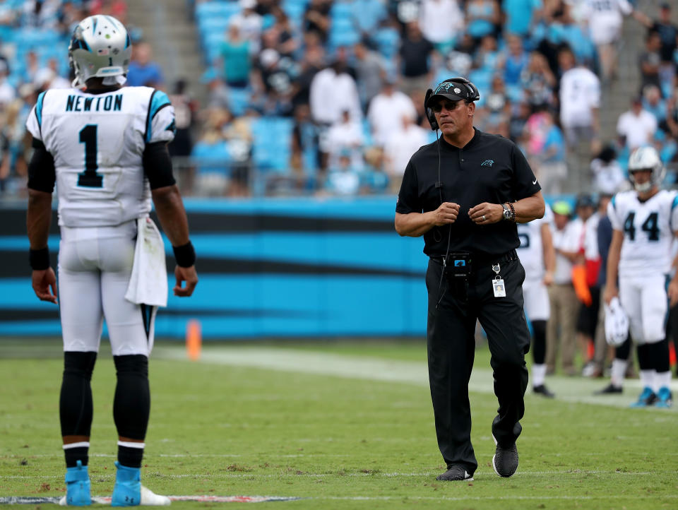 Carolina Panthers coach Ron Rivera said Wednesday that quarterback Cam Newton's training camp workload will be monitored. (Getty Images)