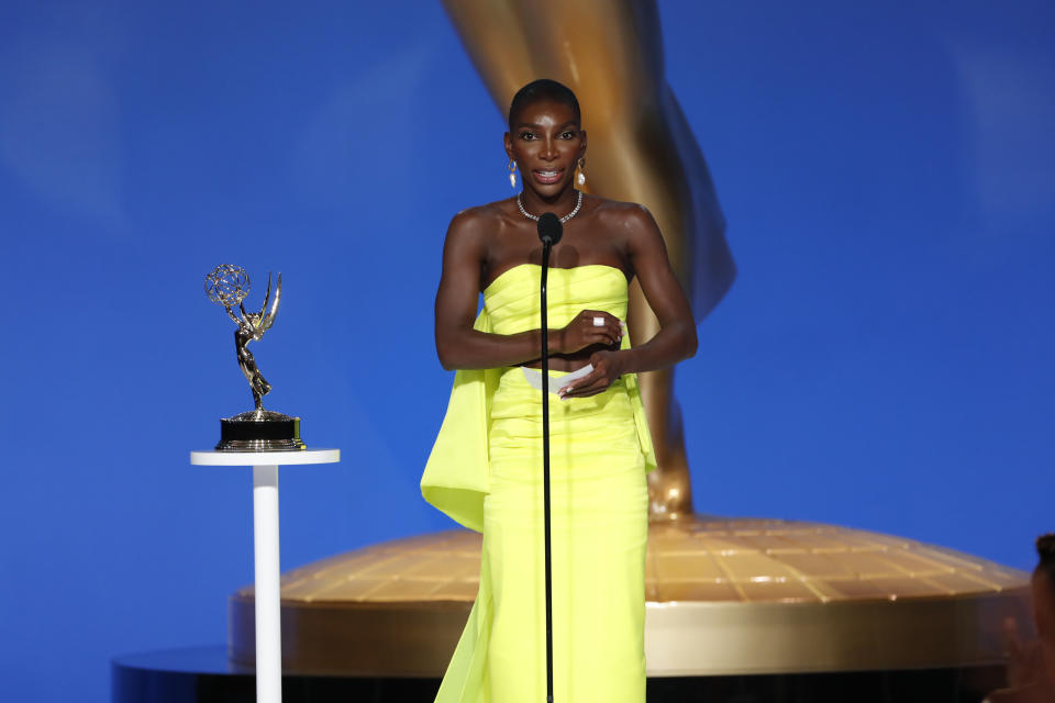 Michaela Coel accepts her award for Outstanding Writing in a Limited Series at the 73rd Emmy Awards. 