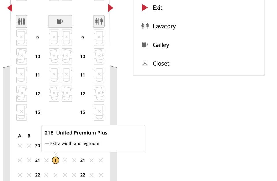 A screenshot of a United Airlines plane that shows where Premium Plus seats are located.