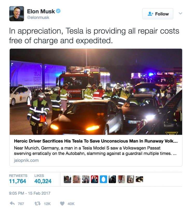 Tesla CEO Elon Musk has praised a man for risking his own life - and his Tesla - to save an unconscious driver.