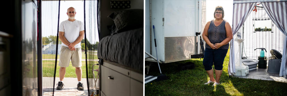 David Boone, left, and Sonya Boone outside of their off-grid trailer on display at the Great Lakes Emergency Preparedness Expo. (Emily Elconin for NBC News)