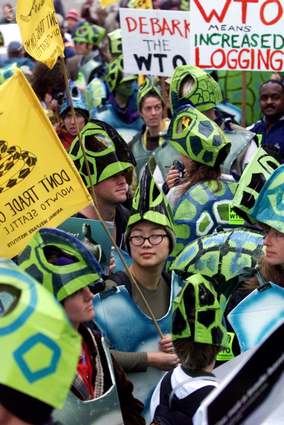 FILE - In this Nov. 29, 1999, file photo, Adelaide Chen of Oakland, Calif., center, wearing a sea turtle costume to protest the treatment of animals by WTO countries, stands with others during a protest against the World Trade Organization in Seattle. Saturday, Nov. 30, 2019 marks 20 years since tens of thousands of protesters converged on Seattle and disrupted a major meeting of the World Trade Organization. The protesters’ message was amplified not just by their vast numbers but by the response of overwhelmed police, who fired tear gas and plastic bullets and arrested nearly 600 people. Two decades later, many of their causes are still relevant. (AP Photo/Beth A. Keiser, File)