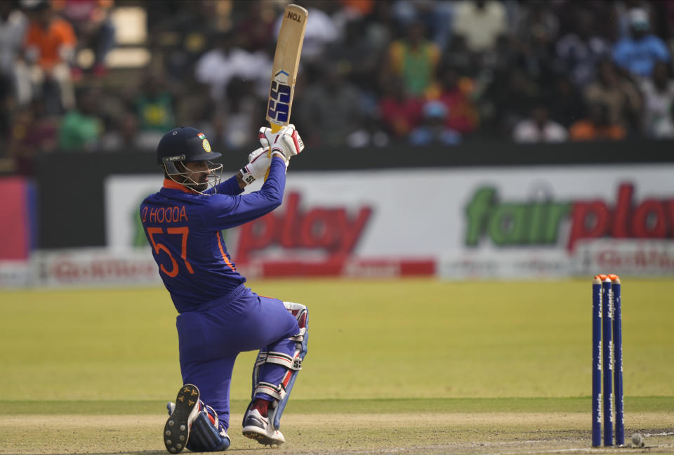 Indian batsman Deepak Hooda in action on the second day of the One Day International cricket match between Zimbabwe and India at Harare Sports Club in Harare, Zimbabwe, Saturday, Aug, 20, 2022. (AP Photo/Tsvangirayi Mukwazhi)