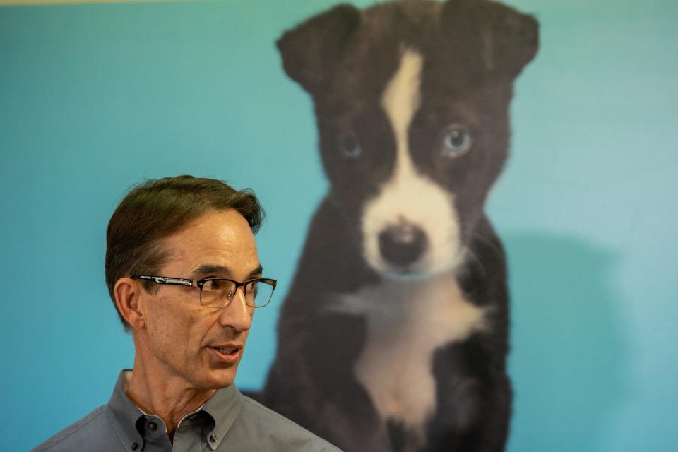 Dr. Steven Hansen, president and CEO of the Arizona Humane Society (AHS), speaks during a news conference at the AHS Sunnyslope Campus in Phoenix discussing dogs reunited after being seized from April McLaughlin's home on Jan. 16, 2024.