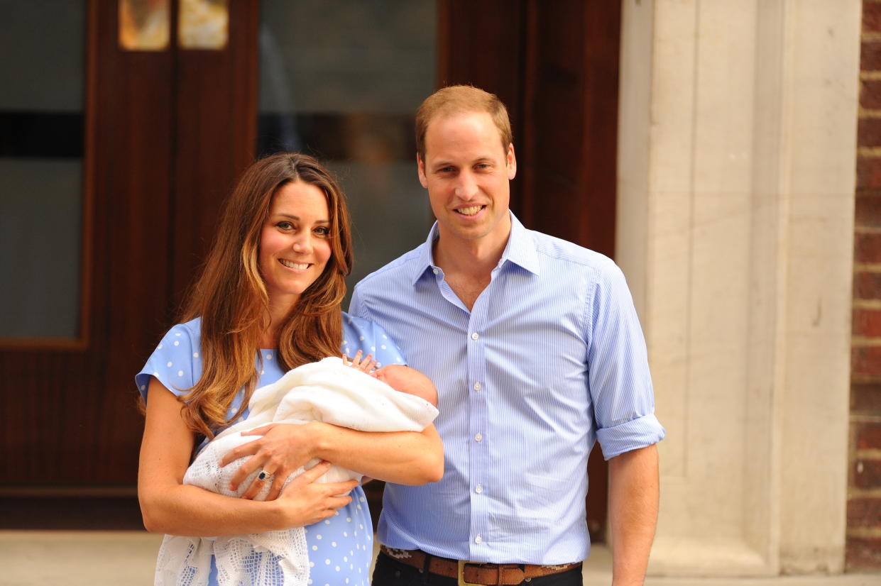 The Duke and Duchess of Cambridge leave the Lindo Wing of St Mary's Hospital in London, with their newborn  son, Prince George of Cambridge.   (Photo by Dominic Lipinski/PA Images via Getty Images)