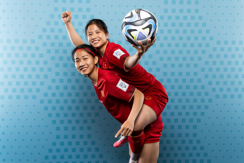 AUCKLAND, NEW ZEALAND - JULY 17: (L-R) Nguyen Thi Thuy Hang and Duong Thi Van of Vietnam pose during the official FIFA Women's World Cup Australia & New Zealand 2023 portrait session on July 17, 2023 in Auckland, New Zealand. (Photo by Phil Walter - FIFA/FIFA via Getty Images)