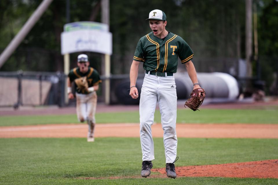 Tantasqua's Lucas MacNevin celebrates the end of the fourth inning versus St. Mary's.