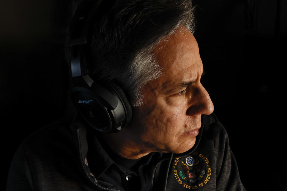 U.S. Secretary of State Antony Blinken sits in a helicopter for a tour of earthquake stricken areas, in Turkey, Sunday, Feb. 19, 2023. (Clodagh Kilcoyne/Pool Photo via AP)