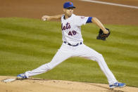 New York Mets' Jacob deGrom delivers a pitch during the first inning of a baseball game against the Tampa Bay Rays Monday, Sept. 21, 2020, in New York. (AP Photo/Frank Franklin II)