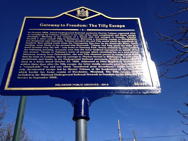 A state historic marker in Seaford details the risky escape of a former slave named Tilly with the assistance of Harriet Tubman.