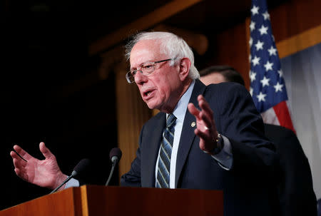 FILE PHOTO: Senator Bernie Sanders (I-VT) speaks after the senate voted on a resolution ending U.S. military support for the war in Yemen on Capitol Hill in Washington, U.S., December 13, 2018. REUTERS/Joshua Roberts