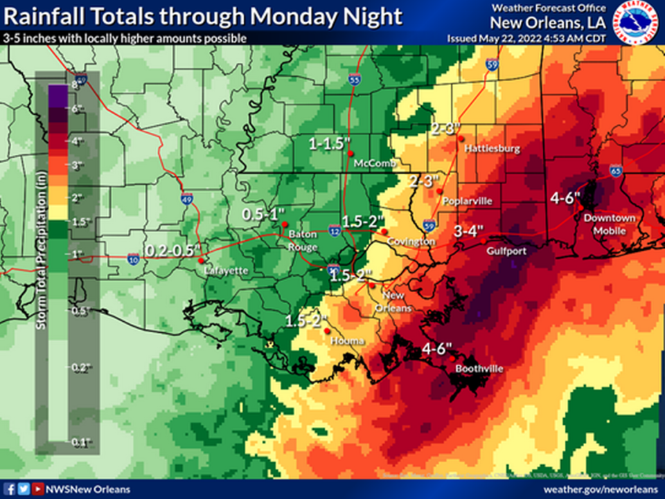 The Mississippi Coast could see 3 to 4 inches of rain through Monday night.