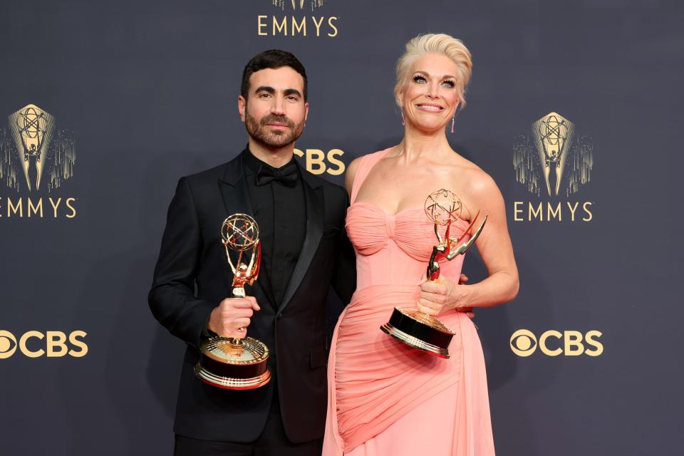 "Ted Lasso" stars Brett Goldstein and Hannah Waddingham pose with their new awards at the 73rd Primetime Emmy Awards.