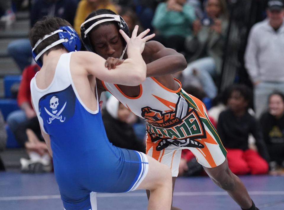 Brendan O'Sullivan from Pearl River wrestles Jayden Dastine from East Ramapo in the 108-pound championship match at the Rockland County Wrestling Championships at Suffern High School on Saturday, Jan. 20, 2024.