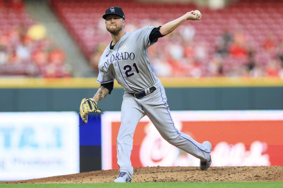 Colorado Rockies' Kyle Freeland throws during the second inning of the team's baseball game against the Cincinnati Reds in Cincinnati, Friday, Sept. 2, 2022. (AP Photo/Aaron Doster)