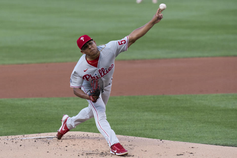 Philadelphia Phillies relief pitcher Ranger Suarez throws during the first inning of a baseball game against the Washington Nationals in Washington, Monday, Aug. 2, 2021. (AP Photo/Manuel Balce Ceneta)