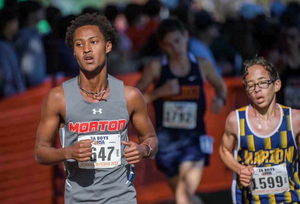 Morton's Yonas Wuthrich takes 14th place in a time of 15:00.89 in the Class 2A boys cross country championship Saturday, Nov. 4, 2023 at Detweiller Park in Peoria, leading the Potters to a fifth-place team finish.