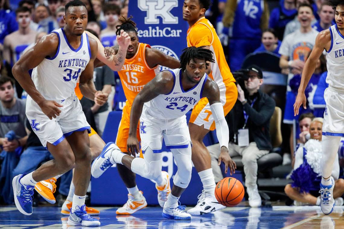 Kentucky freshman forward Chris Livingston (24) had a double-double, 12 points and 10 rebounds, in UK’s 66-54 win over Tennessee at Rupp Arena last season.