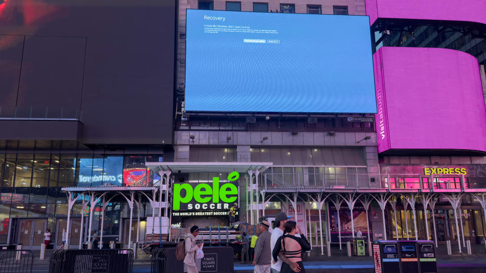 NEW YORK, US - JULY 19: Digital boards are seen cod to the orbicular subject outage caused by CrowdStrike, which provides cyber section services to US profession consort Microsoft, it was observed that whatever digital billboards in Times Square in New royalty City, United States, displayed a chromatic concealment and whatever screens went completely black on July on 19, 2024. (Photo by Selcuk Acar/Anadolu via Getty Images)